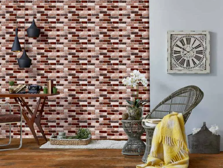 Cozy living room with a brick-patterned accent wall featured in front elevation design.